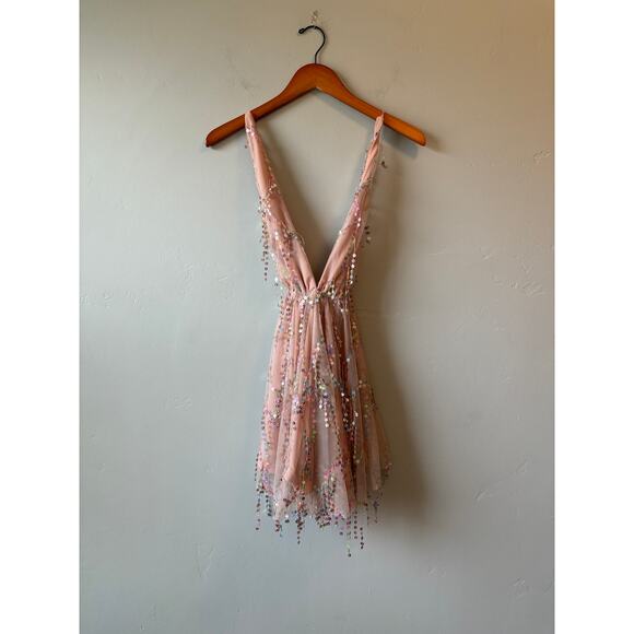 NWT Blush Tulle Dress with Multi-Color Sequin Accents A-line Deep V-neck - Picture 3 of 9